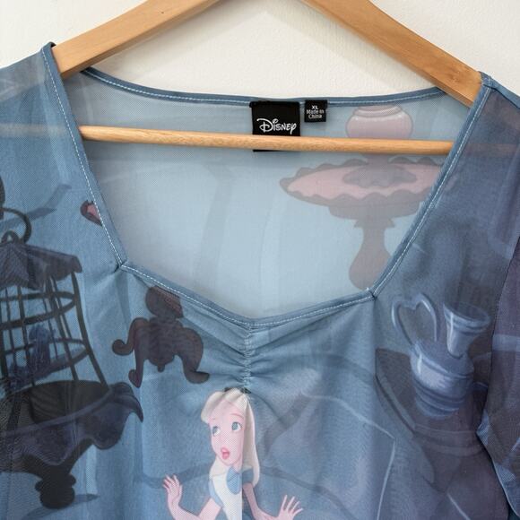 Disney Alice in Wonderland Mesh Graphic Crop Top Sz XL Long Sleeve Ruched Ruffle - Picture 4 of 8